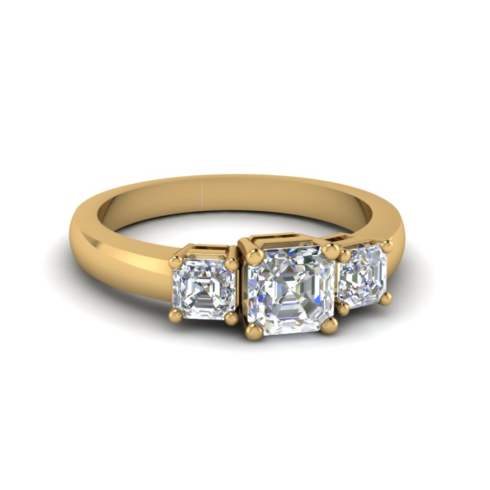Yellow Gold Asscher Cut 3 Stone Diamond Ring