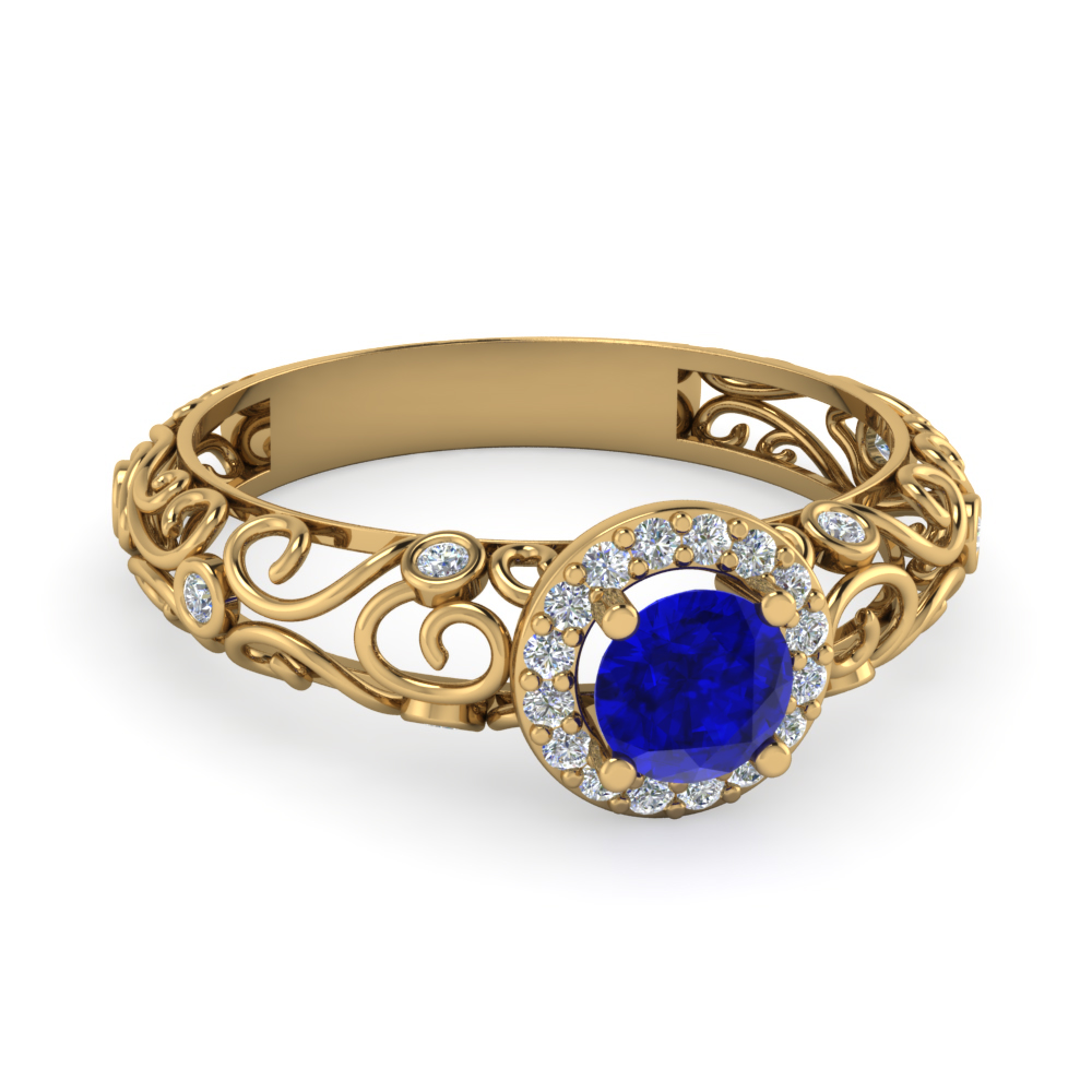 Bezel Filigree Diamond Halo Sapphire Ring