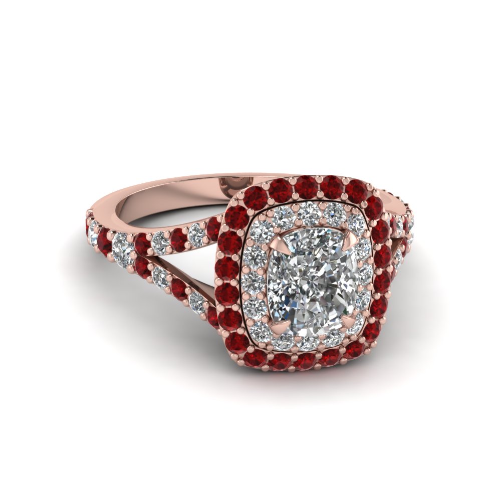 Cushion Cut diamond Halo Engagement Rings with Red Ruby in 14K Rose Gold