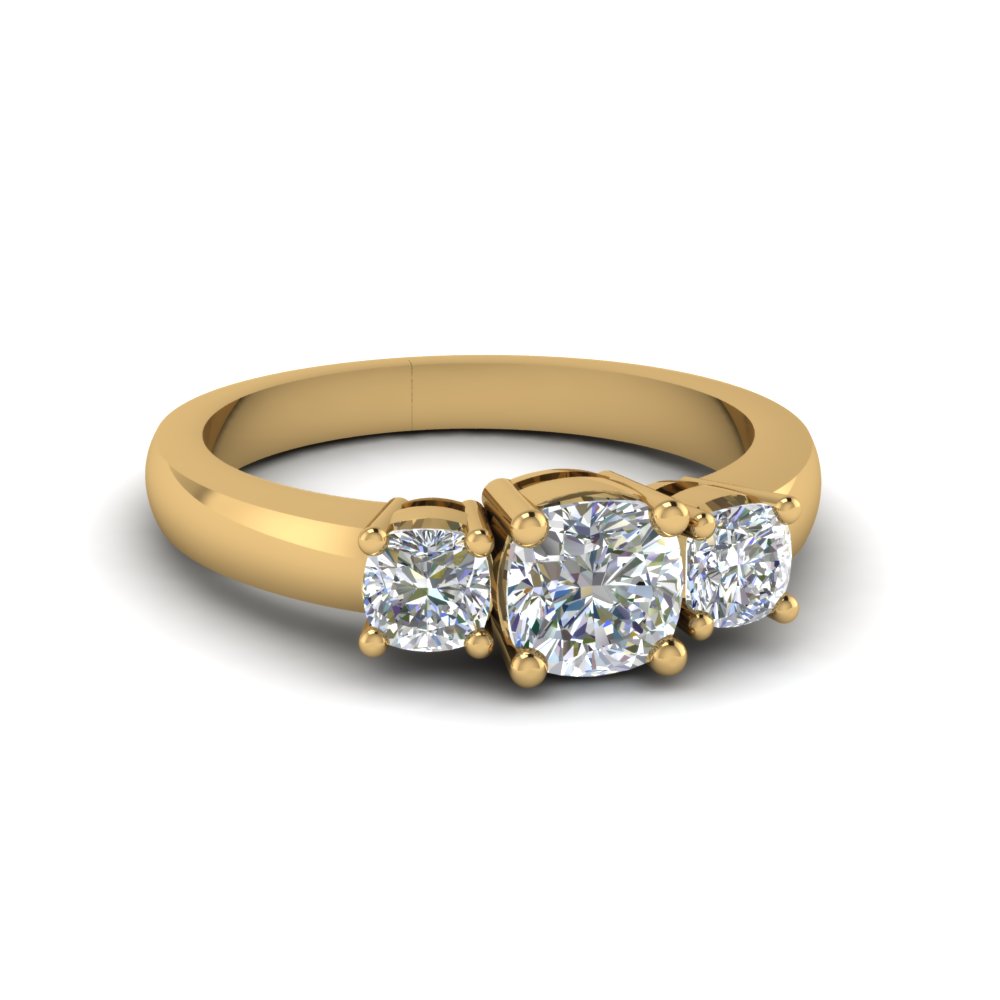 1.45 CT Cushion Diamond Three-Stone Women's Engagement Ring 14K Yellow Gold Over 
