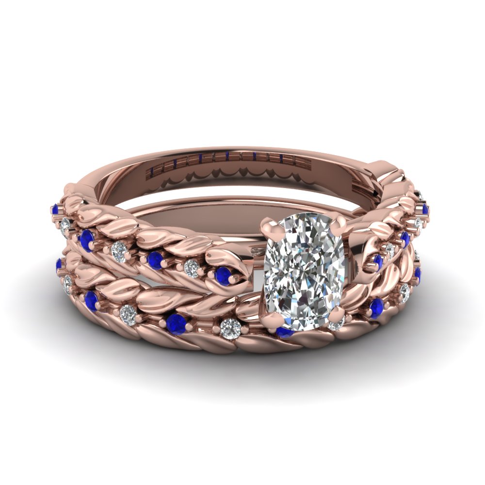 Leaf Design Cushion Cut Diamond Wedding Ring Set With Sapphire In