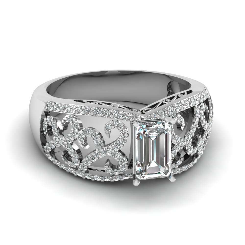 Filigree Carved Emerald Cut Antique Engagement Ring