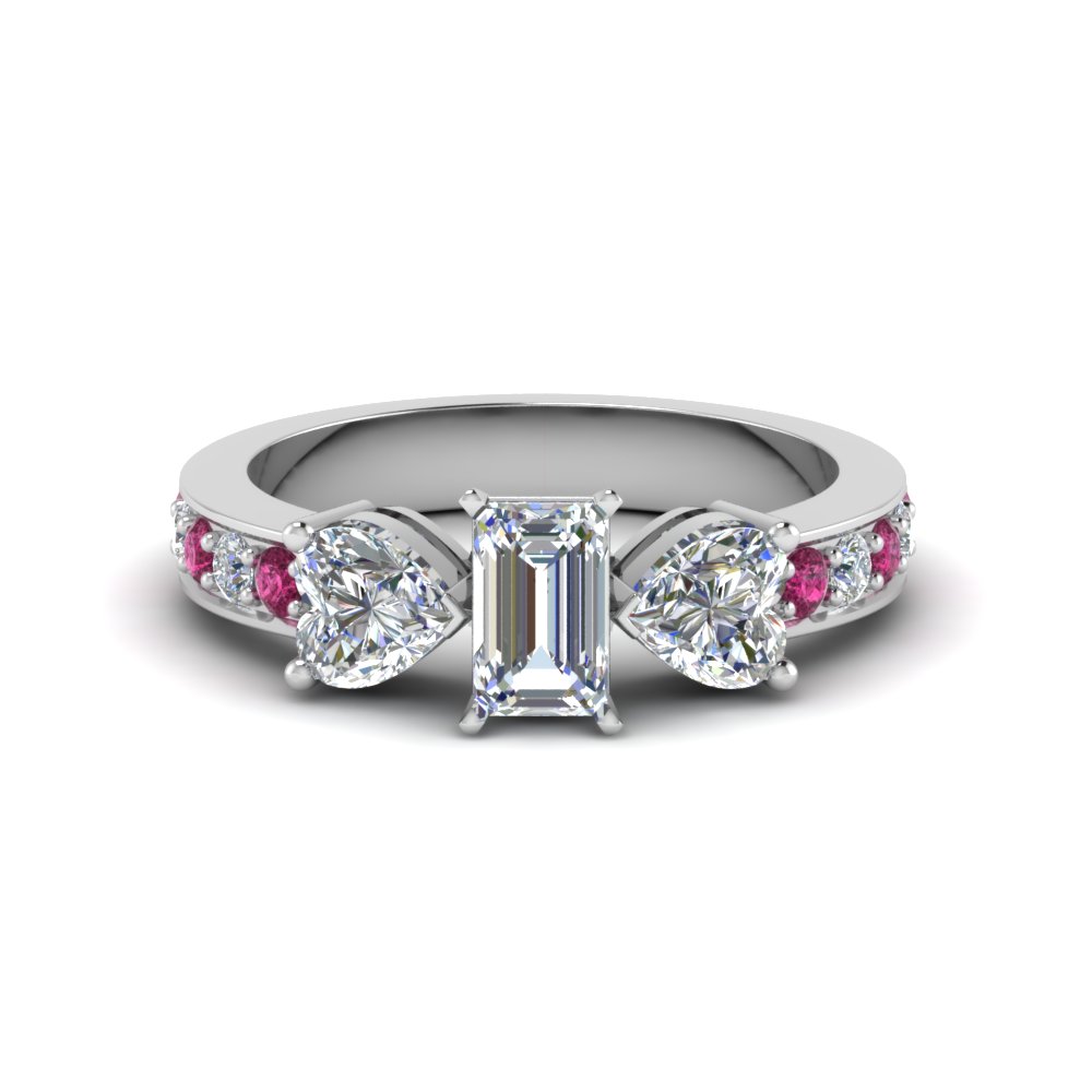 Pink Sapphire & Emerald Cut 3 Stone Diamond Engagement Rings