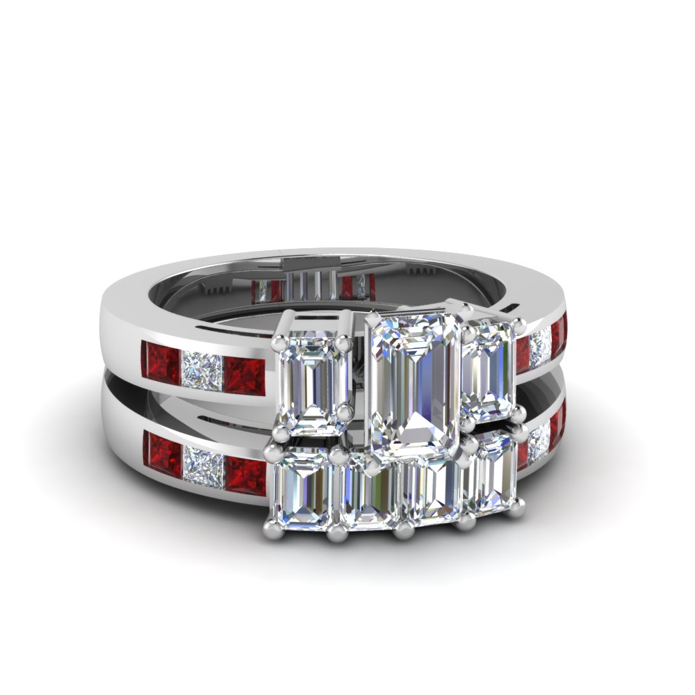 Best Selling Emerald Cut Diamond and Ruby Bridal Ring Sets