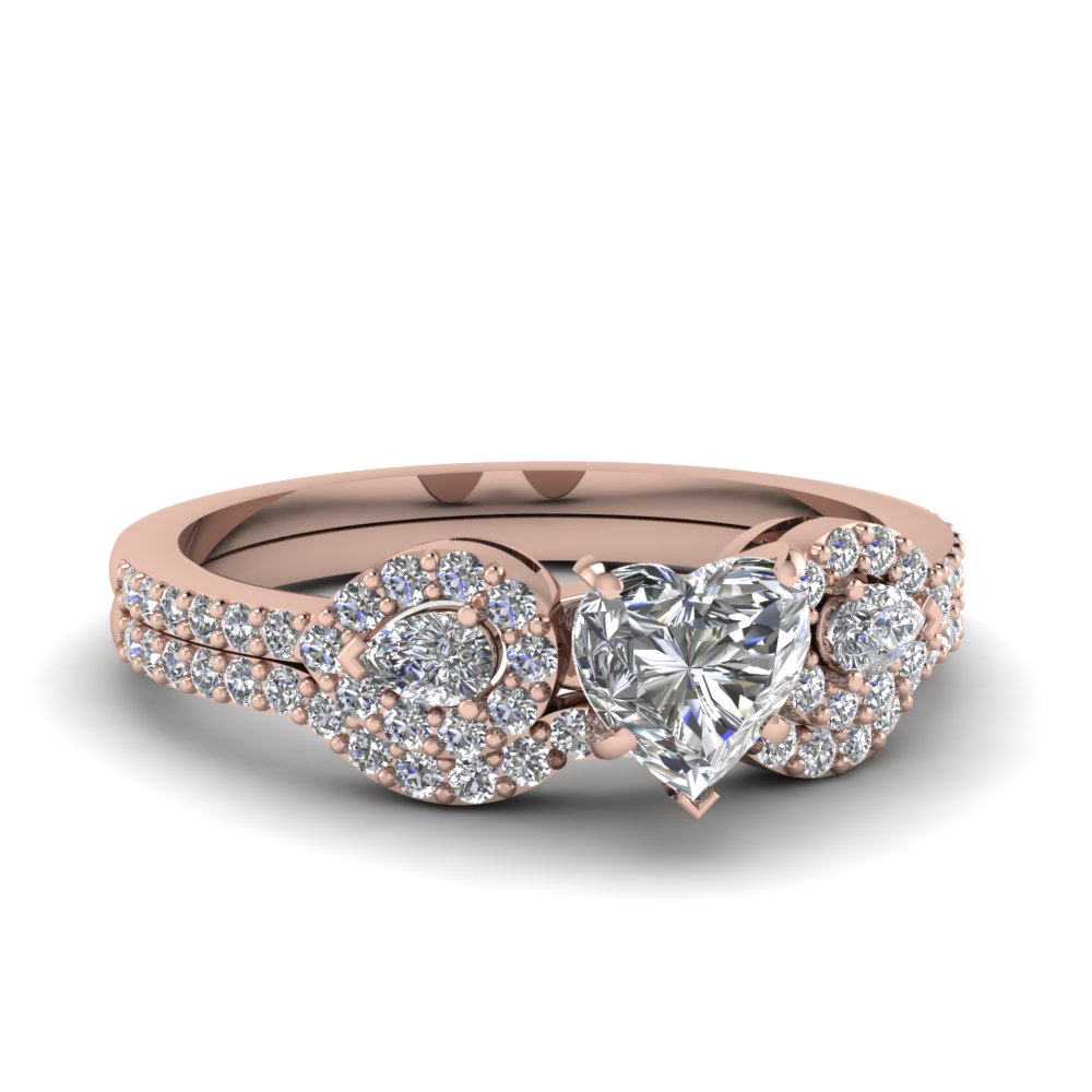 Pear Accented Halo Rose Gold Ring with Wedding Band