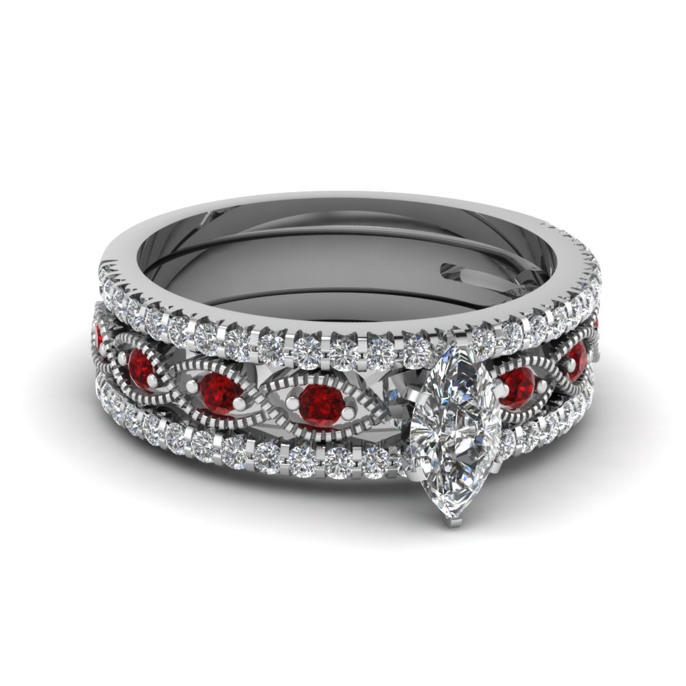 Infinity Ruby engagement ring with 2 diamond wedding bands