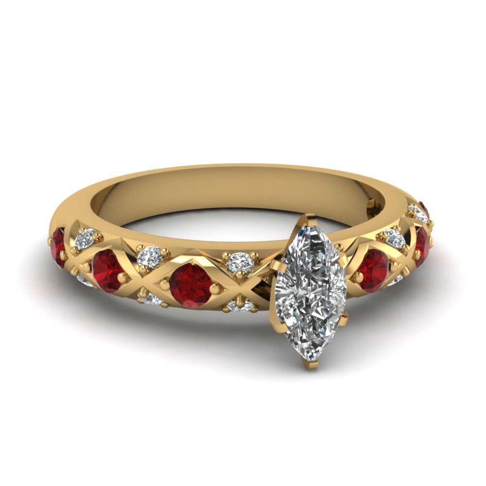 Criss Cross Shank Diamond and Ruby Engagement Ring