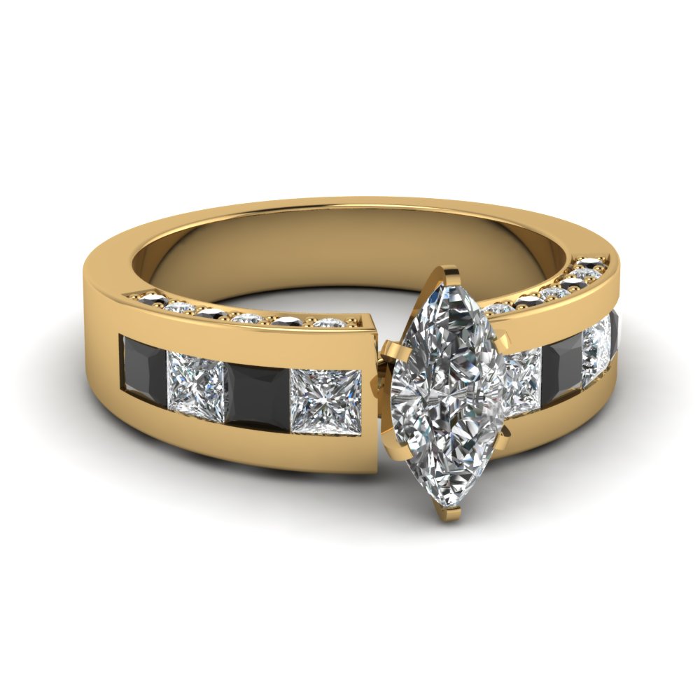Marquise Shaped diamond Side Stone Engagement Rings with Black Diamond in 14K Yellow Gold