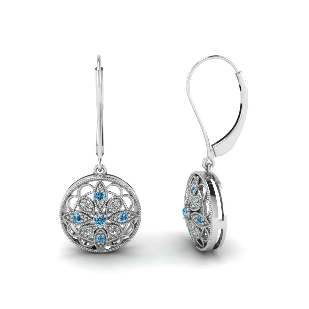 Round Cut Ice Blue Topaz Drop Earrings With White Diamond In Blue Topaz Drop Earrings