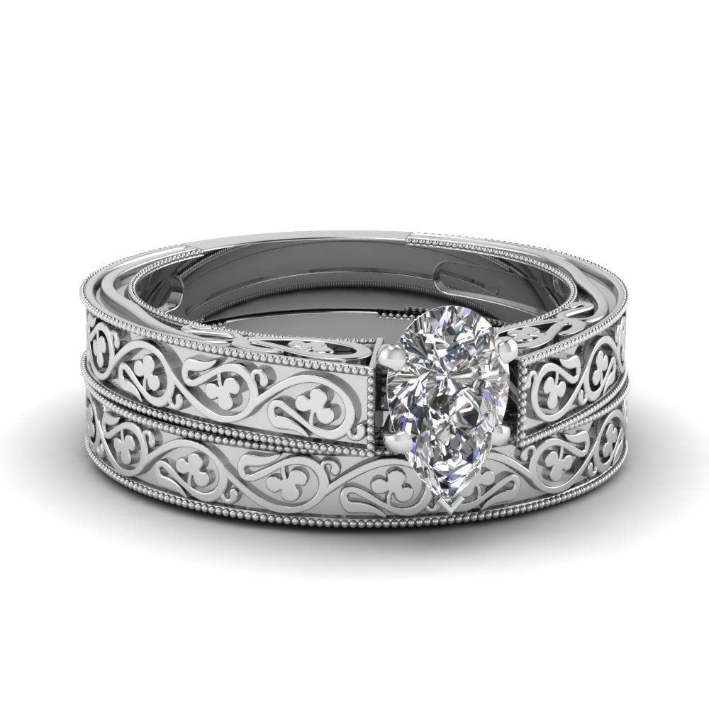 Pear Shaped Diamond Wedding Sets With White Diamonds In 14k White Gold