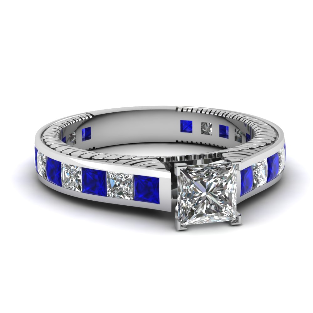 Princess cut diamond vintage engagement ring with blue sapphire accents