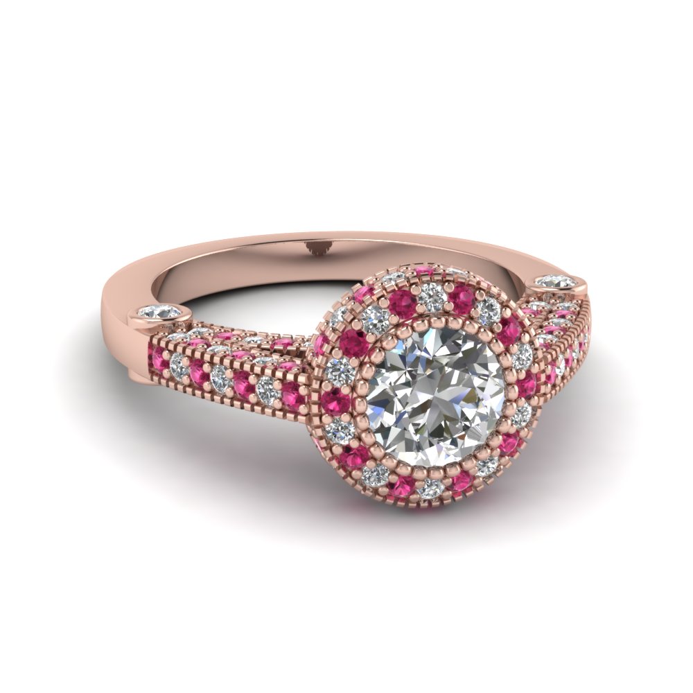 Vintage Round Diamond Halo Rose Gold Milgrain Engagement Ring