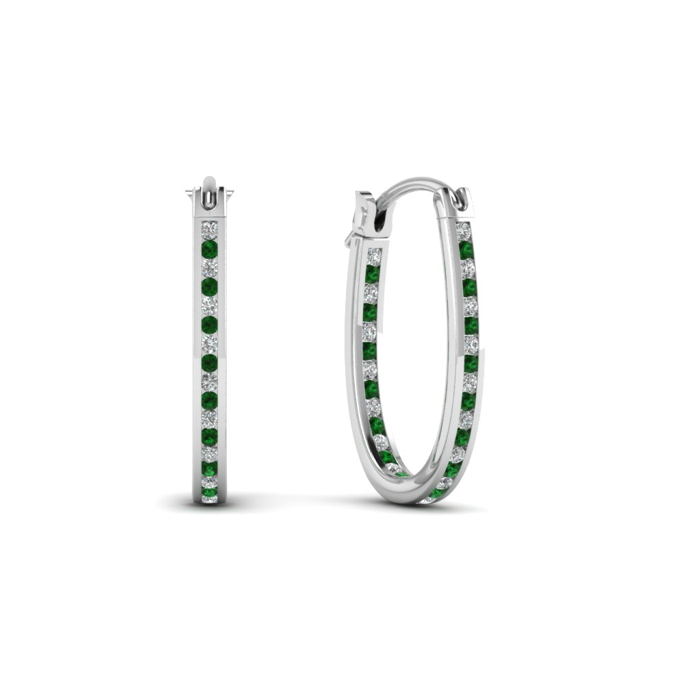 Hoop Earrings with Green Emerald in 18K White Gold