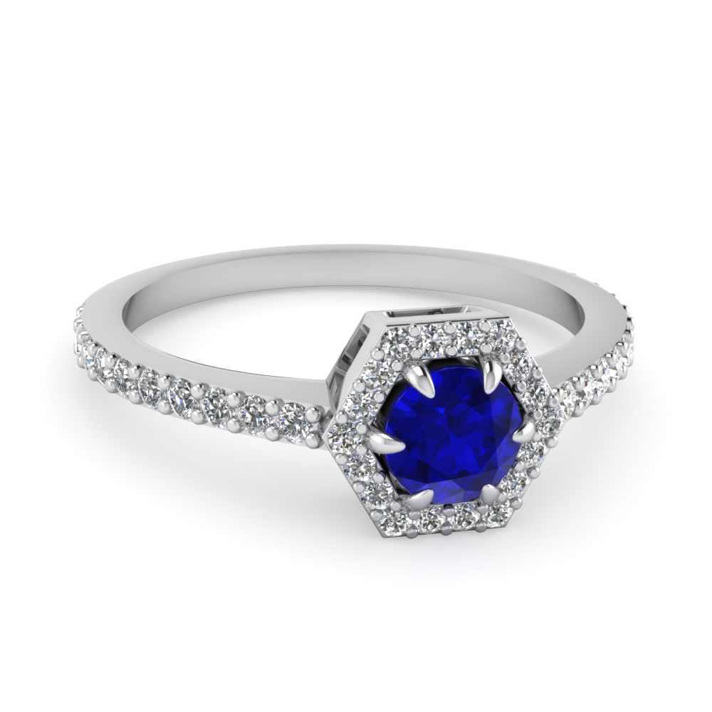 Halo Hexagonal Diamond And Sapphire Gemstone Ring