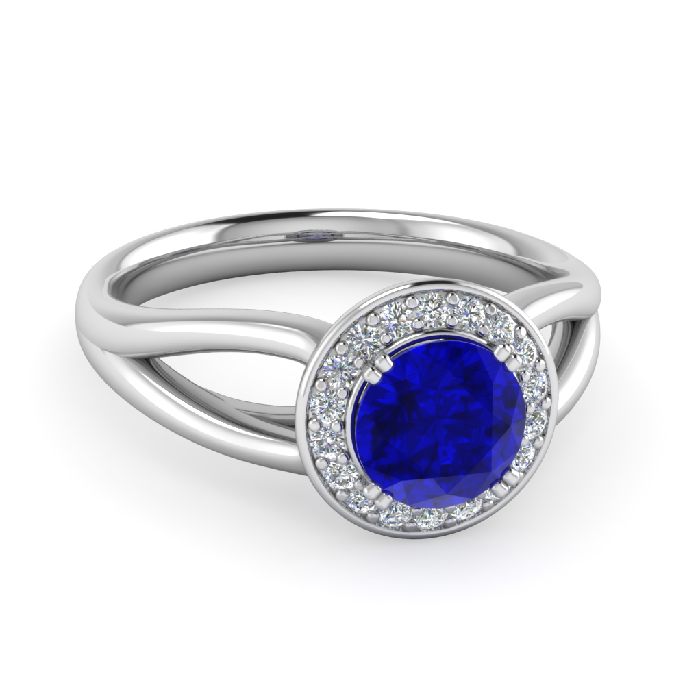 Split Halo Diamond And Sapphire Gemstone Ring