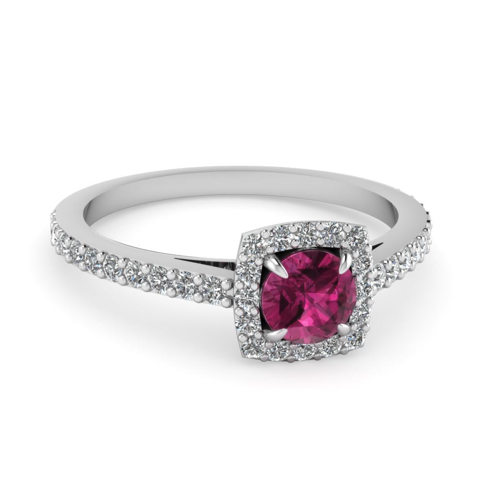 Pink Sapphire Square Shape Halo Diamond Promise Ring